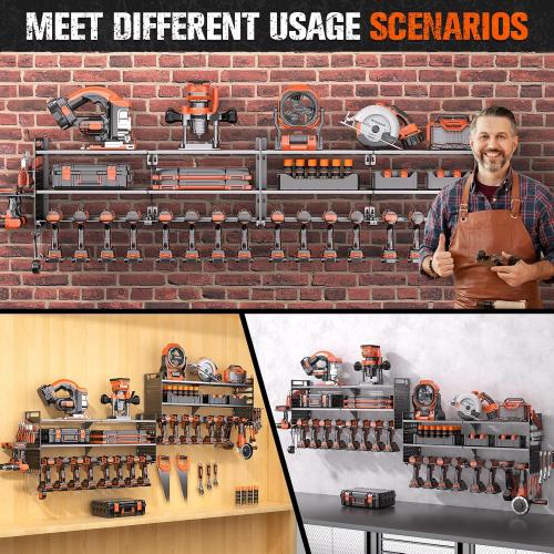 2-Pack Large Power Tool Organizer Wall Mount,Heavy Duty Cordless Tool Organizer with 18 Drill Holder,600 Lbs Capacity 3-Layer Garage Organization for Garage and Workshop (Black)