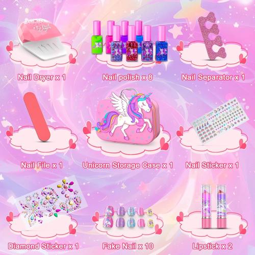 Kids Nail Polish Set for Girls Toys, Washable Quick-Dry Toddler Nail Art Kit with Air Cooling Dryer and Cosmetic Case, Christmas or Birthday Gifts for Girls Ages 3 4 5 6 7 9 10 11 12-Pink