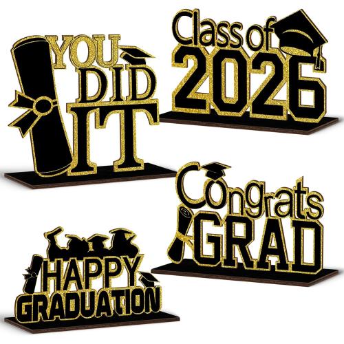 4 PCS 2026 Graduation Wooden Decorations,Black