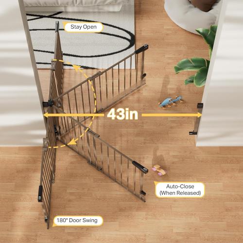 Cumbor 29.2–43 Baby Gate for Stairs, Wall-Mounted (Drill Required), Expandable No Bottom Bar Dog Gate, Auto Close Extra Wide Walk Thru, Pet & Toddler Proof Gate, Top & Bottom of Stairways (Brown)