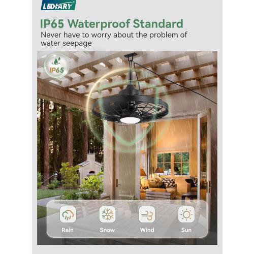 LEDIARY 20 Outdoor Ceiling Fan with Lights,IP65 Waterproof Gazebo Hanging Fan with Remote Control Smart App, Plug in Caged Ceiling Fan with 3CCT 6-Speeds for Patio Porch Pergola(Black)