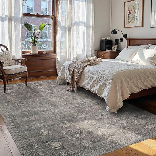 Rugxara Area Rugs for Living Room Bedroom, Grey Washable Rug, Vintage Retro Boho Rug, Non Slip & Low Pile Faux Wool Thin Carpet for Indoor Dining Room, Dorm and Kids Room