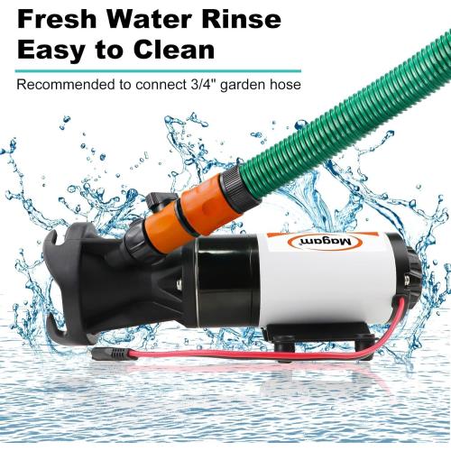 RV Macerator Pump 12V,12GPM Suction 3.2 feet Lift 10 feet with Garden Hose Discharge Port,Quick Release Sewage Pump with Fresh Water Rinse and Manual Crushing Function,for Boat Marine RV Campe