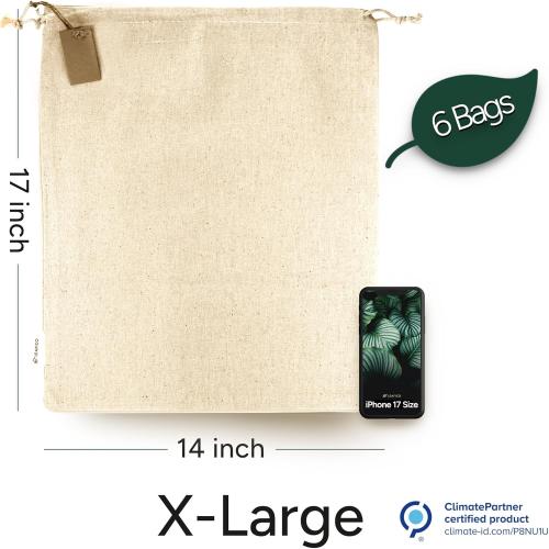 LEAFICO Cotton Storage Bags – X-Large 14x17 Inch (5-Pack) – Reusable Muslin Bags with Drawstrings – Biodegradable Canvas Fabric Sacks – Perfect for Bread, Bulk Produce, Potatoes, Onions, Shoes