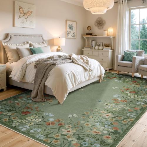 Wonnitar Washable 8x10 Living Room Area Rug, Large Green Floral Rugs for Bedroom, Non-Slip Soft Botanical Area Rug Throw Carpet for Dining Guest Room Playroom (Green,8'x10')