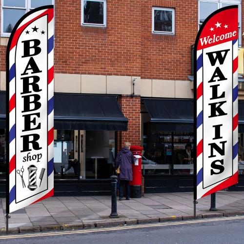 2 Pcs Barber Flag for Outside Barbershop Themed Swooper Flag Open Feather Barber Sign Welcome Banner for Salon Business Outdoor Advertising Outside(NOT INCLUDE POLE KIT)(8.2×2.1 ft)