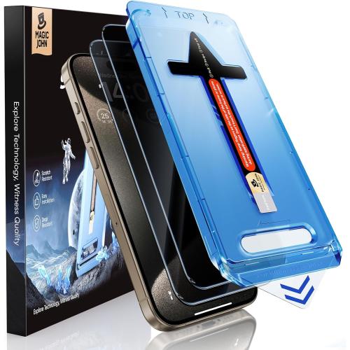 MAGIC JOHN 2 Pack for iPhone 15 Pro Max 6.7 inch Privacy Glass Screen Protector, Auto Dust-Elimination Installation, Bubble Free, Easy Installation