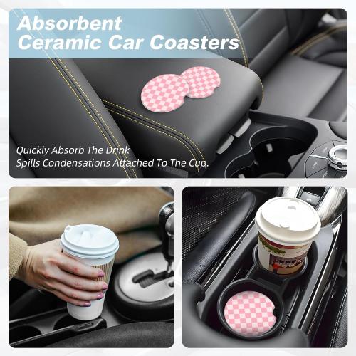 Pink Checkered Car Coasters for Cup Holders,2 Pack Car Cup Holder Coasters for Car,Ceramic Absorbent Car Coaster with A Finger Notch and Cork Base,Car Interior Accessories for Women Men