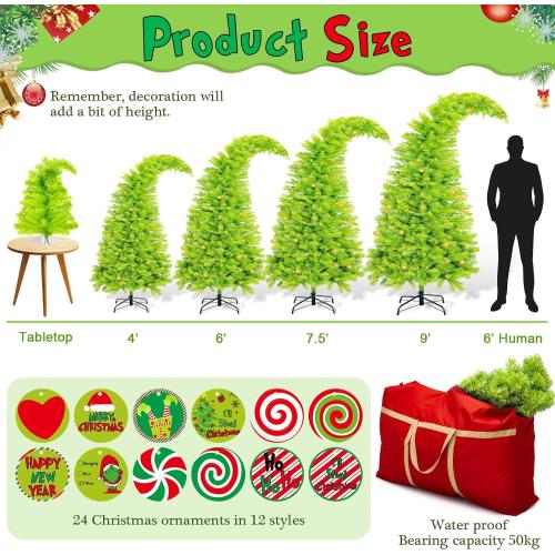 Bendable Christmas Tree Whimsical Christmas Pre-Lit Lime Green Stole Bent Top Artificial Xmas Tree Decorations with LED Lights Ornament Bag(7.5ft)