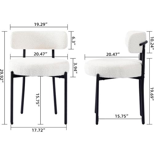 DYHOME White Boucle Dining Chairs Set of 2, Mid Century Modern Kitchen Chairs, Upholstered Dining Room Chairs with Curved Backrest and Black Metal Legs