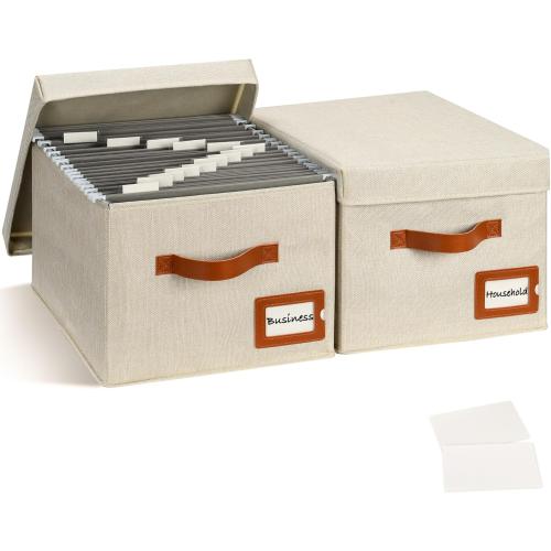 Ivory 2pack set Storage Standard 2-Pack File Organizer Box with Lid - Collapsible Hanging Linen Document Organizer Portable File Boxes, Lightweight & Portable Filing Box Crates with Handles & Extras, Ivory