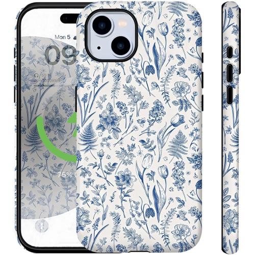 Compatible for iPhone 15 Plus Case Vintage Blue Flowers Florals Cute Aethetic Design for Women Girls [Compatible with Magsafe] Rugge 2-in-1 Layer Shockproof Anti-Scratch Phone Case
