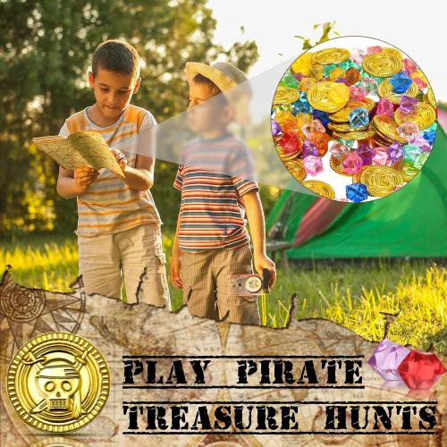 Hanaive 100 Pcs Plastic Pirate Gold Coins Acrylic Colored Gems Fake Gems Buried Treasure Pirate Party Decorations for Halloween Adventure Themed Event Birthday Party Props Decor (Retro Style,Gold)