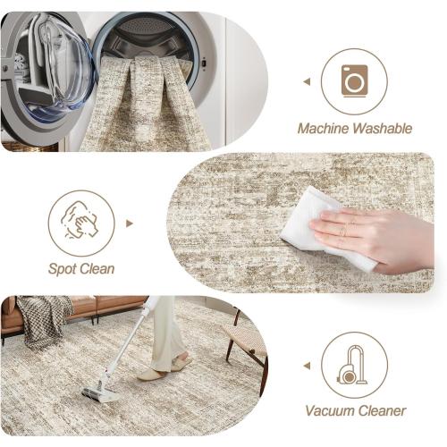 Washable Area Rug 8x10, Large Soft Rugs for Living Room Vintage Area Rugs for Bedroom Dining Room Non-Slip Stain Resistant Brown Under Table Rug