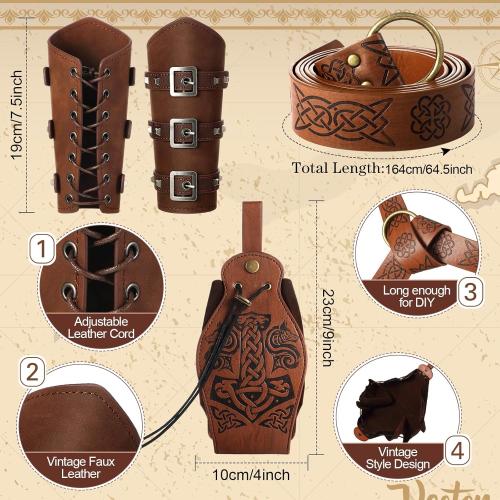 Suhine 5 Pcs Renaissance Women Costume Medieval Hooded Robe Carnival Vintage Faux Leather Arm Pouch Belt for Cosplay Party