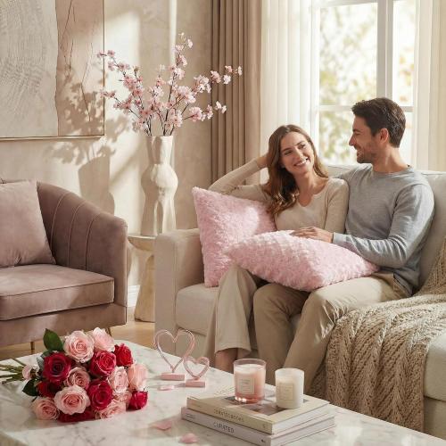 FUTEI Pack of 2 Rose Textured Throw Pillow Covers 16x16 Inch, Pink | Same Rose Swirl Textured Fabric On Both Sides,Hidden Zipper,Machine Washable,Non-Shedding, Colorfast,Insert Not Included.