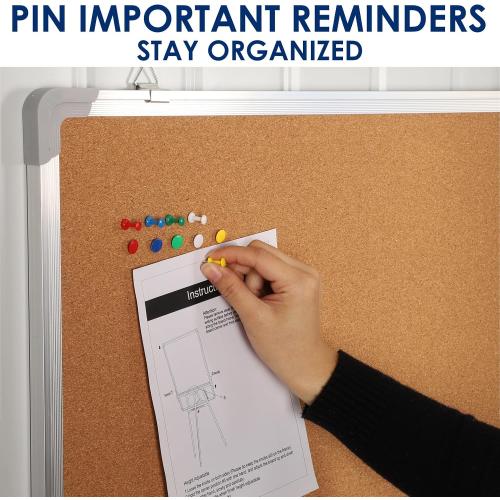 Cork Board 24x18 in, Framed Wall Hanging Bulletin Board with 10 Thumb Tacks | Thumb Tack Board, Pin Board for Wall, Corkboard Message Memo Notice Board with Hooks for Home, Office, Desk and Cubicle