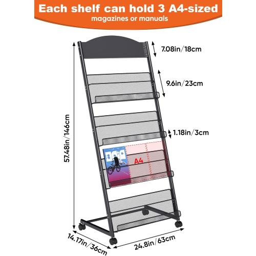 Black Baoz Magazine Rack Floor-Standing 4-Layer, Brochure Display Stand, Detachable Magazine Display with Wheels, High-hardness Metal Magazine Holder for Exhibitions, Office, Shopping Malls