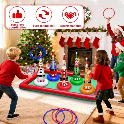 16 PCS Christmas Ring Toss Game Set for Kids Adults Santa Snowmen Elf Reindeer Nutcrackers Inflatable Christmas Games Family Toys for Home Xmas Carnival Party Supplies Favors Indoor Outdoor Decoration