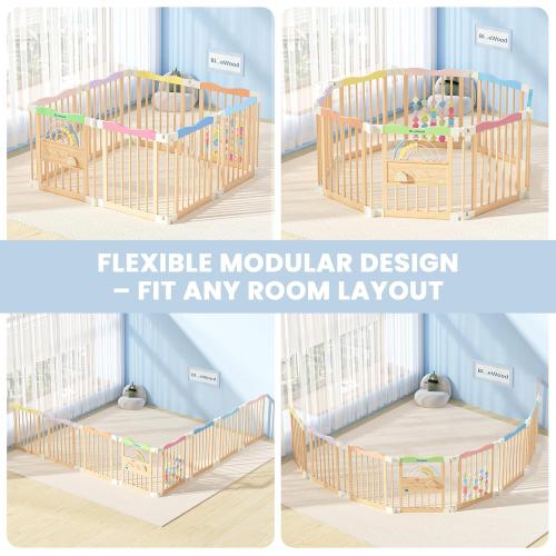 Foldable Wooden Baby Playpen, 45 x 45 x 24 inches, Pastel Dream, Colorful | Adjustable Wood Play Yard, Indoor Large Safety Fence for Babies and Toddlers, Built-in Toys Design