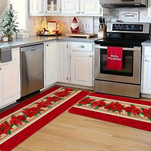 Red Poinsettia Flower Kitchen Rugs and Mats Set of 2, Winter Holiday Xmas Washable Non-Slip Floor Mats for Christmas Kitchen Decor - 17x29 and 17x47 Inch