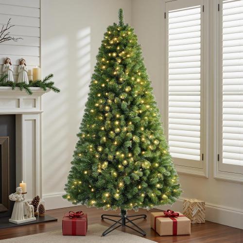 7.5 FT Pre-lit Christmas Tree Spruce with Remote Control, 350 Warm White Multi-Color Changing LED Lights, Artificial Hinged/Feel Real/Realistic for Home, Holiday Decoration Dual Color LED