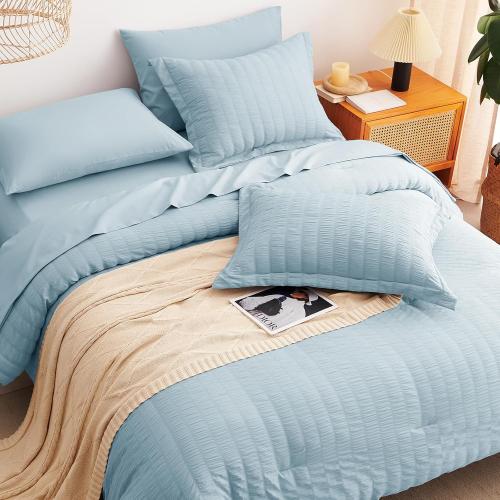 CozyLux King Size Comforter Set Light Blue Seersucker 7 Pieces Bed in a Bag King Comforter Set with Sheets, Luxury Bedding Set with Down Alternative Comforter, Sheets, Pillowcases & Shams All Seasons