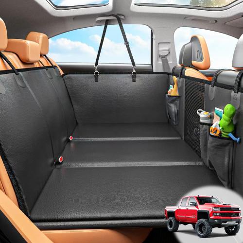 Back Seat Extender for Dogs, Hard Bottom Dog Car Seat Cover for Truck Back Seat, Dog Hammock for Car, Upgraded PU Leather Material, Larger Space, Black