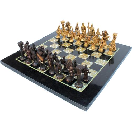 StonKraft Collectible Black Marble and (MOP) Mother of Pearl Chess Board Set   Brass Roman Chess Pieces - Decorative Stone Chess - Home Décor - 15 Inches