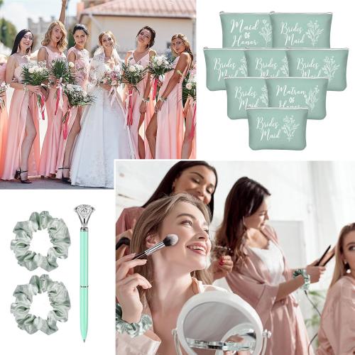 Irenare 48 Pcs 8 Set Bridesmaid Proposal Gifts Maid of Honor Gifts16oz Glass Cups Cosmetic Makeup Bags Invited Cards Scrunchies Hair Knotted Bracelets Diamond Pens(Classic Style,Green)