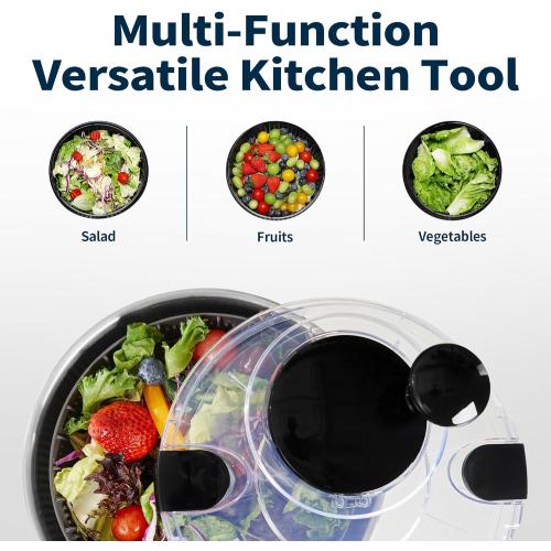 Stainless Steel Salad Spinner, 4.8 Qt Vegetable Washer, BPA-Free Lettuce Dryer with Crank Design, Dishwasher Safe, Non-Slip Base - Transparent Lid