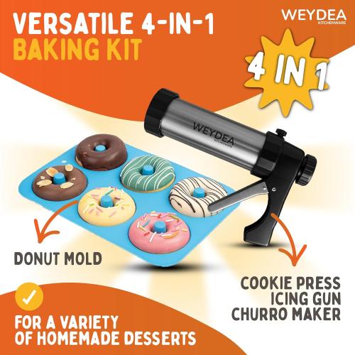 Churro Maker Machine & Cookie Press 4in1 Manual Churros Maker with Nozzles, Jerky Gun, Piping Kit, Cookie Press Gun, Make Churros, Cookies, Donuts, Baking Accessories Included (churreras para churros)