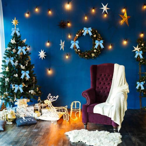 Sumind 36 Pieces Blue Christmas Tree Glitter Bows, 5 x 4 Inch Tie Ribbon Twist Tie Bows for Treat Bags Gift Wrapping Basket Wedding Birthday Valentine Christmas Tree Wreath Garland Decoration