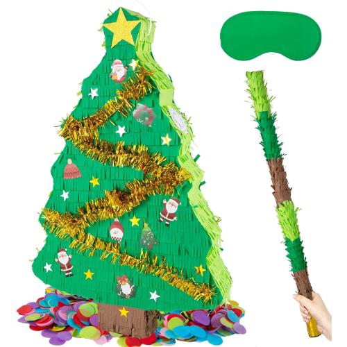 PCFING 21.6 Inch Christmas Tree Piñata with 30 Inch Piñata Stick Blindfold Confetti for Boy Girl Adults Xmas Party Game Decorations