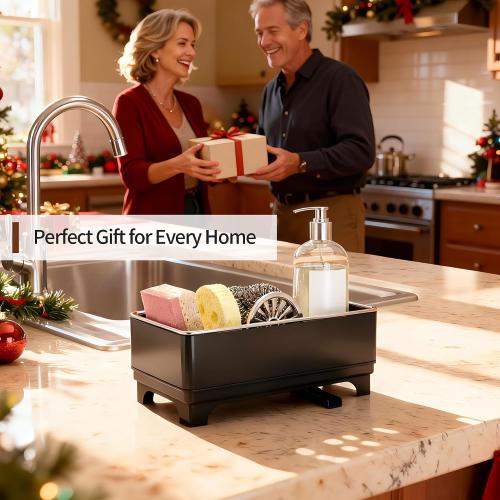 MOUKABAL Sponge Holder for Kitchen Sink, Rustproof Stainless Steel Black | Large Capacity/360° Rotating Drain Keeps Counter Dry/Holds Sponges & Soap Bottle/Easy-Clean Removable Tray