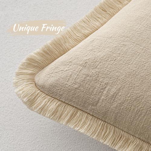 MIULEE Decorative Throw Pillow Covers Neutral Linen Fringe Throw Pillows Set of 2 Beige Boho Farmhouse Cushion Covers with Tassels for Couch Sofa Bed Living Room Spring Home Decor 16x16 Inch