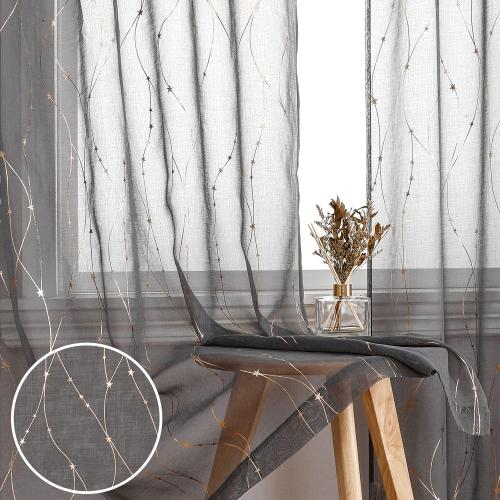 2 SMILE WEAVER Grey Sheer Curtains 84 Inch Long for Living Room,Privacy & Light Filtering Semi Sheer Curtain with Star Print Design,Lightweight Voile Transparent Bedroom Window Drapes,2 Panels
