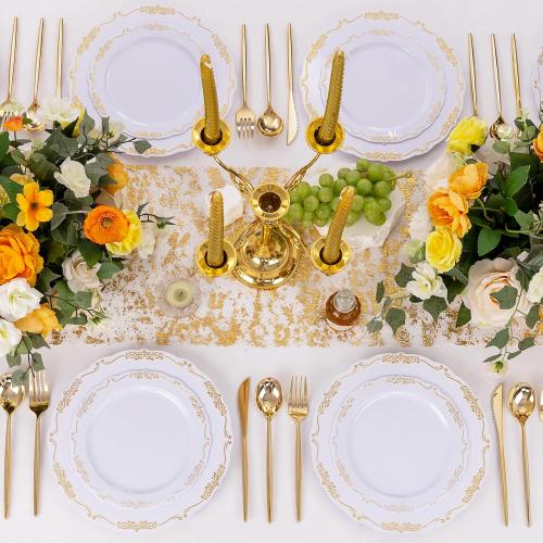 U-QE 100PCS Gold Plates Disposable - Heavy Duty White and Gold Plates Including 50PCS 10'' Dinner & 50PCS 7.5'' Dessert Plates Perfect for Upscale Party, Wedding