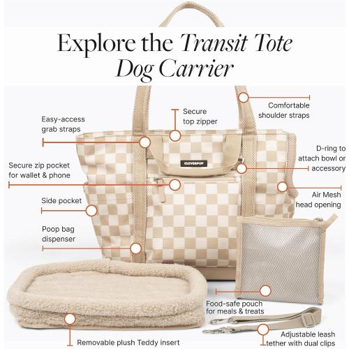Cleverpup Transit Tote Dog Carrier 4-Piece Set - Premium Lightweight Pet Travel Bag with Plush Teddy Insert, Food Pouch, Air Mesh Opening, Water-Resistant Base & Safety Tether - Medium Checkerboard