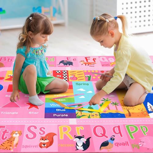 Pink Kids Rug for Playroom Classroom, ABC Alphabet Numbers Play Toddlers Rugs, Learning Educational Bedroom Floor Mat, Washable Baby Carpet for Girls Room, Nursery, Preschool, Daycare