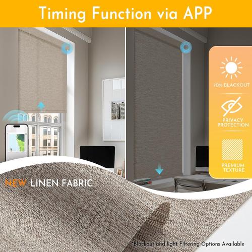 Persilux Smart Motorized Blinds with Remote, No Drill Automatic Roller Shades for Indoor Windows, Light Filtering Linen Fabric, Electric Blinds for Windows, Linen Light Brown C156-3, Custom Size