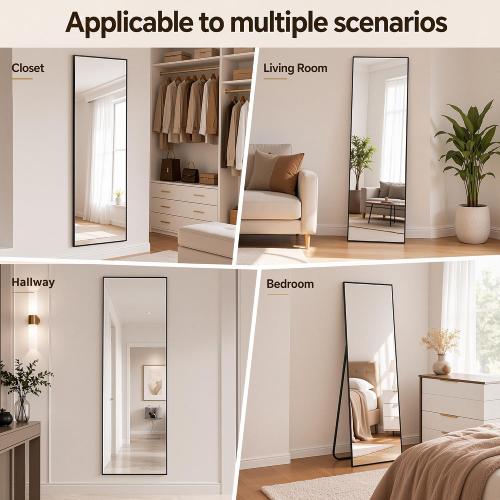 Antok Full Length Mirror, 56x14 Floor Mirror with Stand, Hanging Mounted Mirrors for Bedroom, Living Room, Cloakroom, Dining Room, Black, Rect