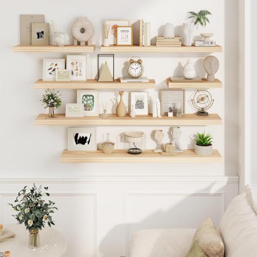 Fun Memories Wood Floating Shelves Set of 2, Rustic Pine Wood Floating Shelves for Wall Mounting, Wide Wall Shelf for Home Decor and Storage, 16 W x 7 D, Natural Unfinished, DIY Stain