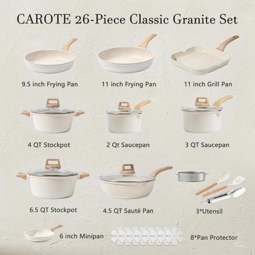 CAROTE 26pcs Pots and Pans Set, Nonstick Cookware Sets, with Grill Pan | With 6.5-Qt Stockpot, Lightweight & Durable, Steamer Included, Fast & Even Heating, Induction Compatible