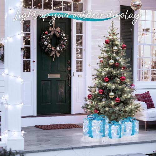 Set of 3 Christmas Lighted Gift Boxes, Indoor Christmas Decor with 60 LED Cool White Mini String Lights, Present Boxes with Bows and Snowflake Design for Xmas Tree Holiday Home Mantel Decor