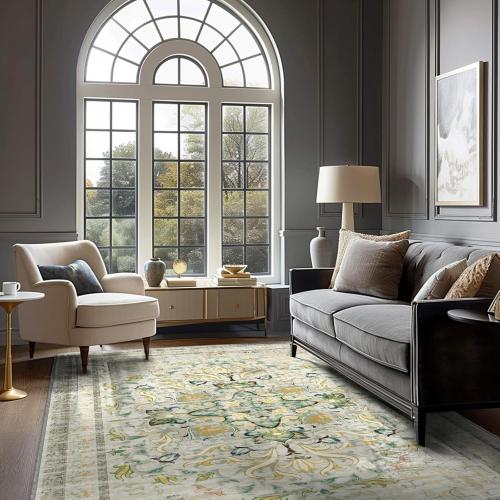 NORTHERN BROTHERS 9x12 Area Rug for Living Room - Boho Rug for Bedroom Dining Room Machine Washable Vintage Carpet Stain Resistant, Beige