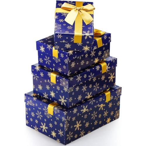 Zhanmai 4 Pcs Winter Nesting Gift Boxes Snowflake Boxes Hard Stackable Boxes with Lids Decorative Winter Nested Present Boxes for Birthday Party Gift Supplies(Blue and Gold,Snowflake)