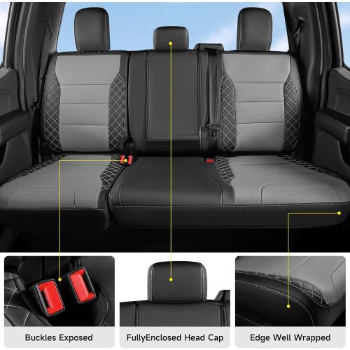 Color Black F150 Seat Covers, Custom Fit Ford 2021-2025 F150 XL XLT STX Super Crew Cab, 2023-2025 F250 F350 F450 XL XLT Crew Cab(NOT for 40/20/40 Bench Front Seat), Full Set, Leather, Black & Grey