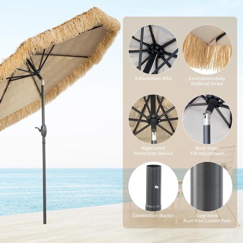 8FT Tiki Umbrella, Patio Umbrella Thatched Umbrella Outdoor Patio, Upgrade with UPF 50 , Tiki Beach Umbrellas with Zinc Alloy Push Button Tilt and for Pool Backyard