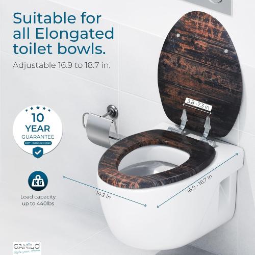 SANILO Wooden Toilet Seat with Soft Close [ELONGATED] - Decorative, Quiet & Slow Close Molded Wood Seat - With Strong Bumpers & Hinges - Adjustable Fit - Vintage
